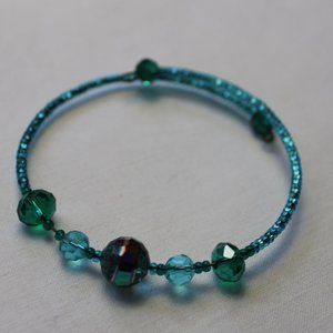 Glass Beaded Memory Wire Bracelet - One Size, Blue & Green